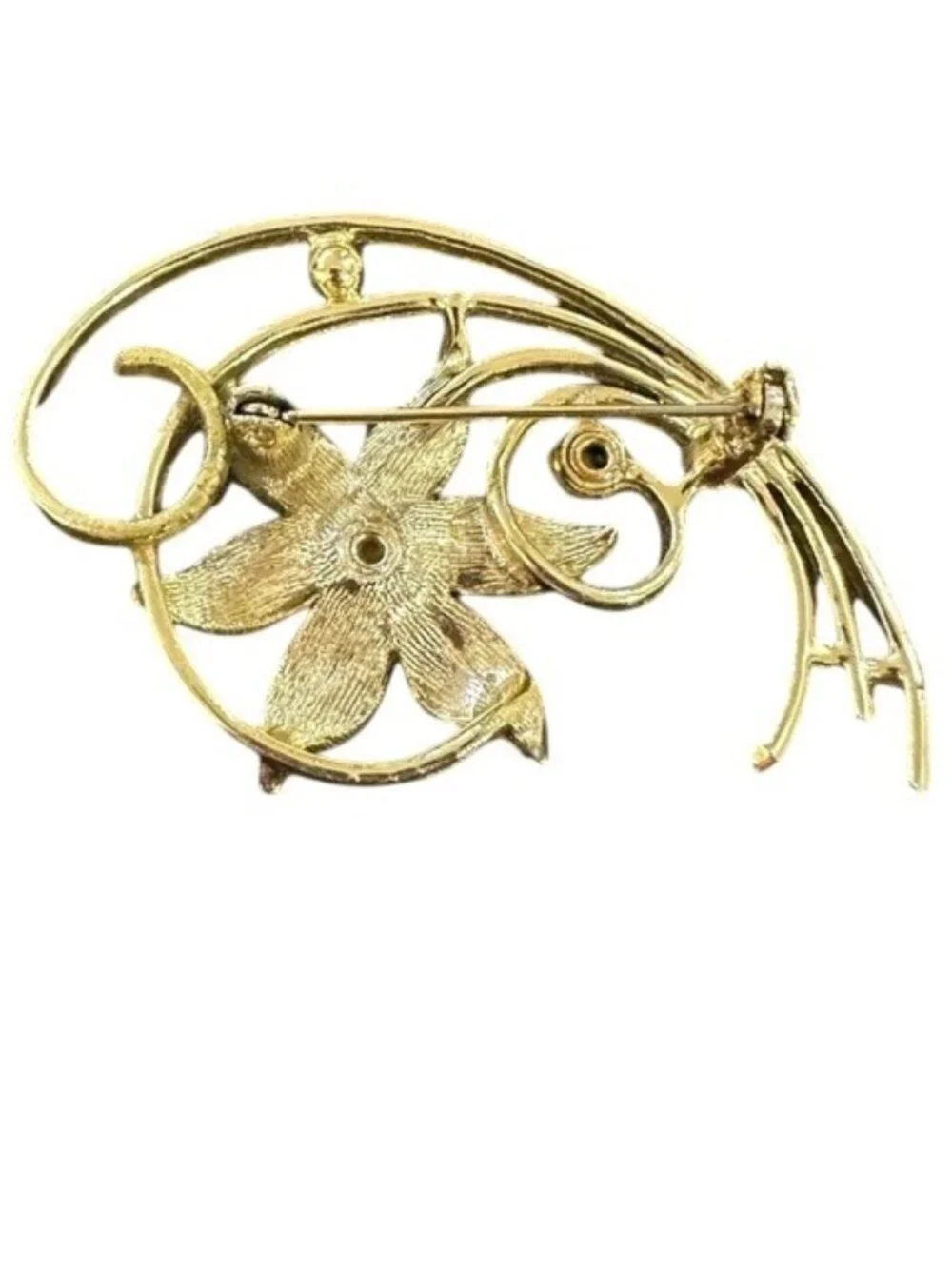 Vintage Brooch Flower Scroll Shaped Gold Tone Faux Pearl Center Womens Jewelry